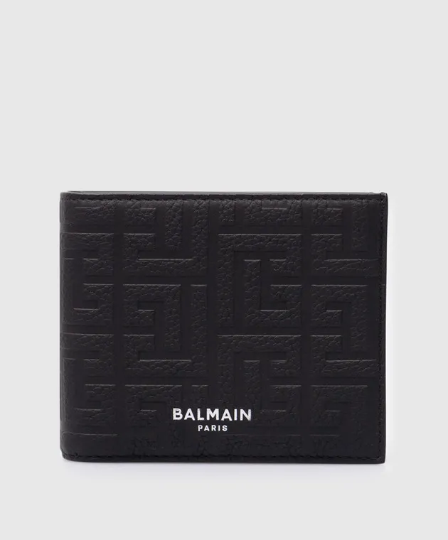 Balmain Black leather wallet with embossed PB Labyrinth monogram logo