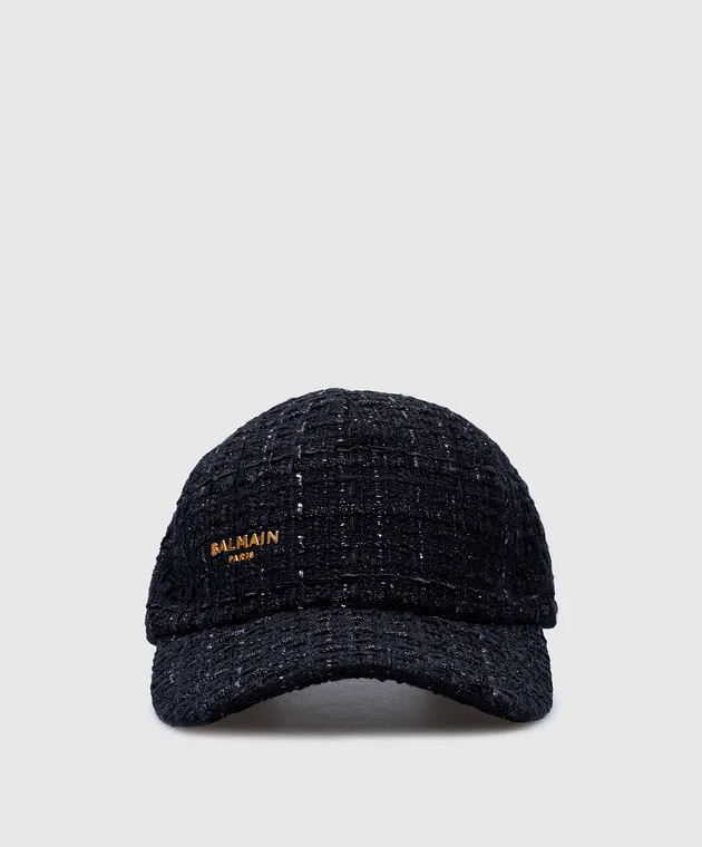 Balmain Black tweed cap with metal logo