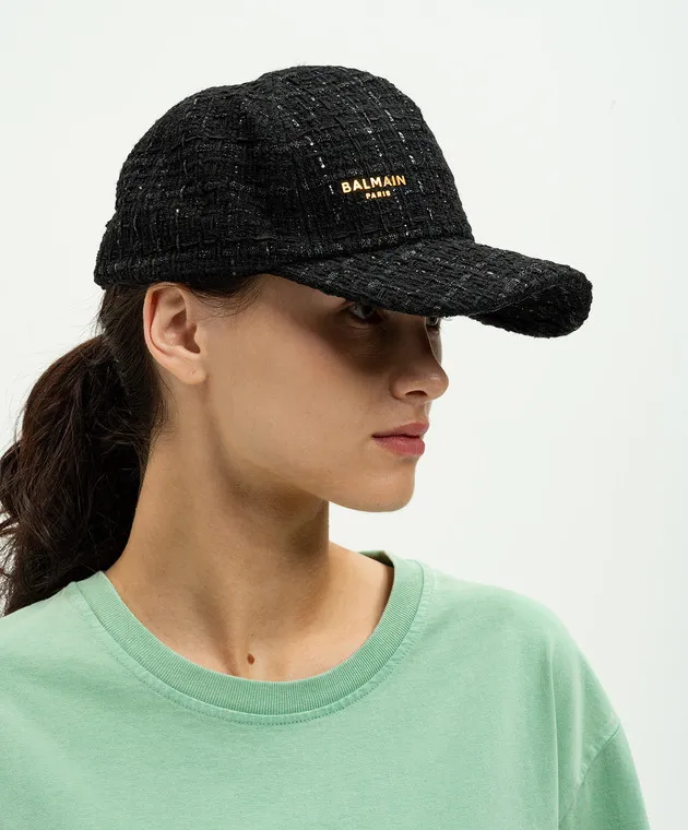 Balmain Black tweed cap with metal logo