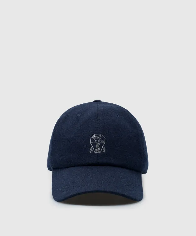 Brunello Cucinelli Blue cashmere cap with logo emblem embroidery