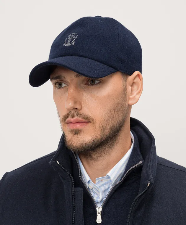Brunello Cucinelli Blue cashmere cap with logo emblem embroidery