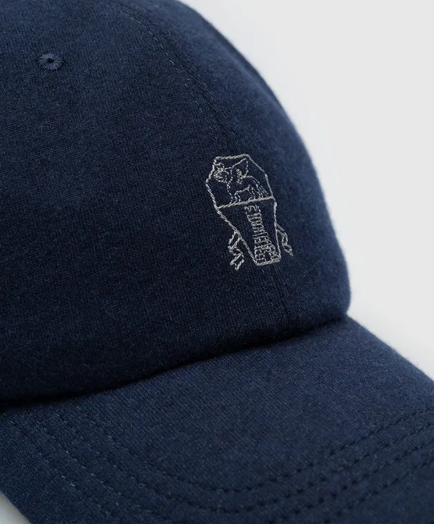 Brunello Cucinelli Blue cashmere cap with logo emblem embroidery