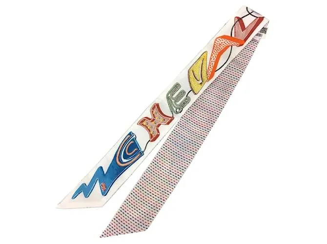 Bufanda de seda neón Kantha Chevaloscope Twilly de Hermès Blanco 