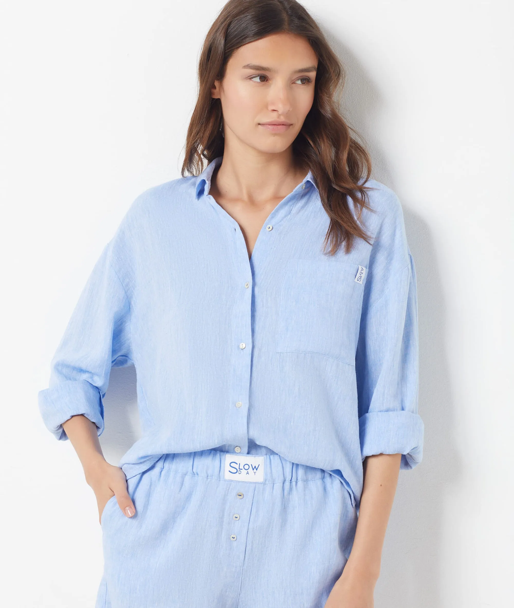 CAMISA PIJAMA DE LINO MEZCLADO JUSTINE BLEU CIEL  ETAM