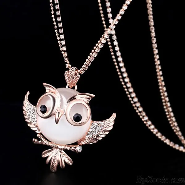 Cute Owl Opal Long Necklace Sweater Chain 