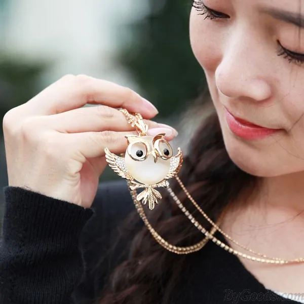 Cute Owl Opal Long Necklace Sweater Chain 