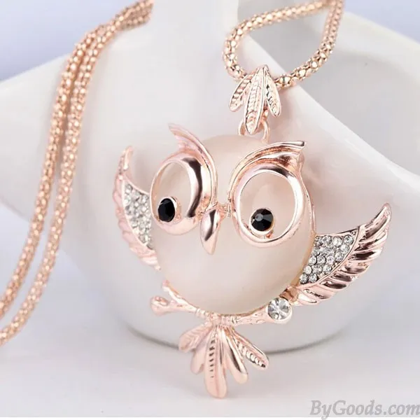 Cute Owl Opal Long Necklace Sweater Chain 