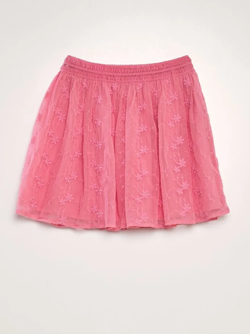 FALDA EVASé DE TUL BORDADO  ROSA