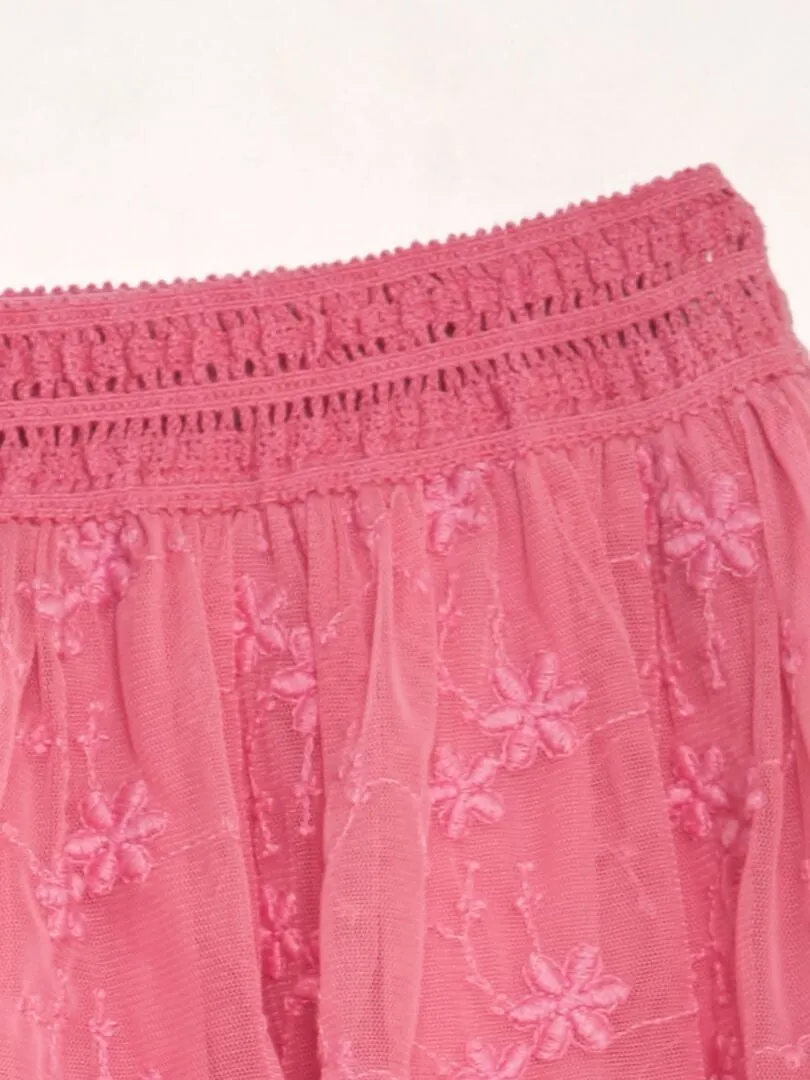 FALDA EVASé DE TUL BORDADO  ROSA