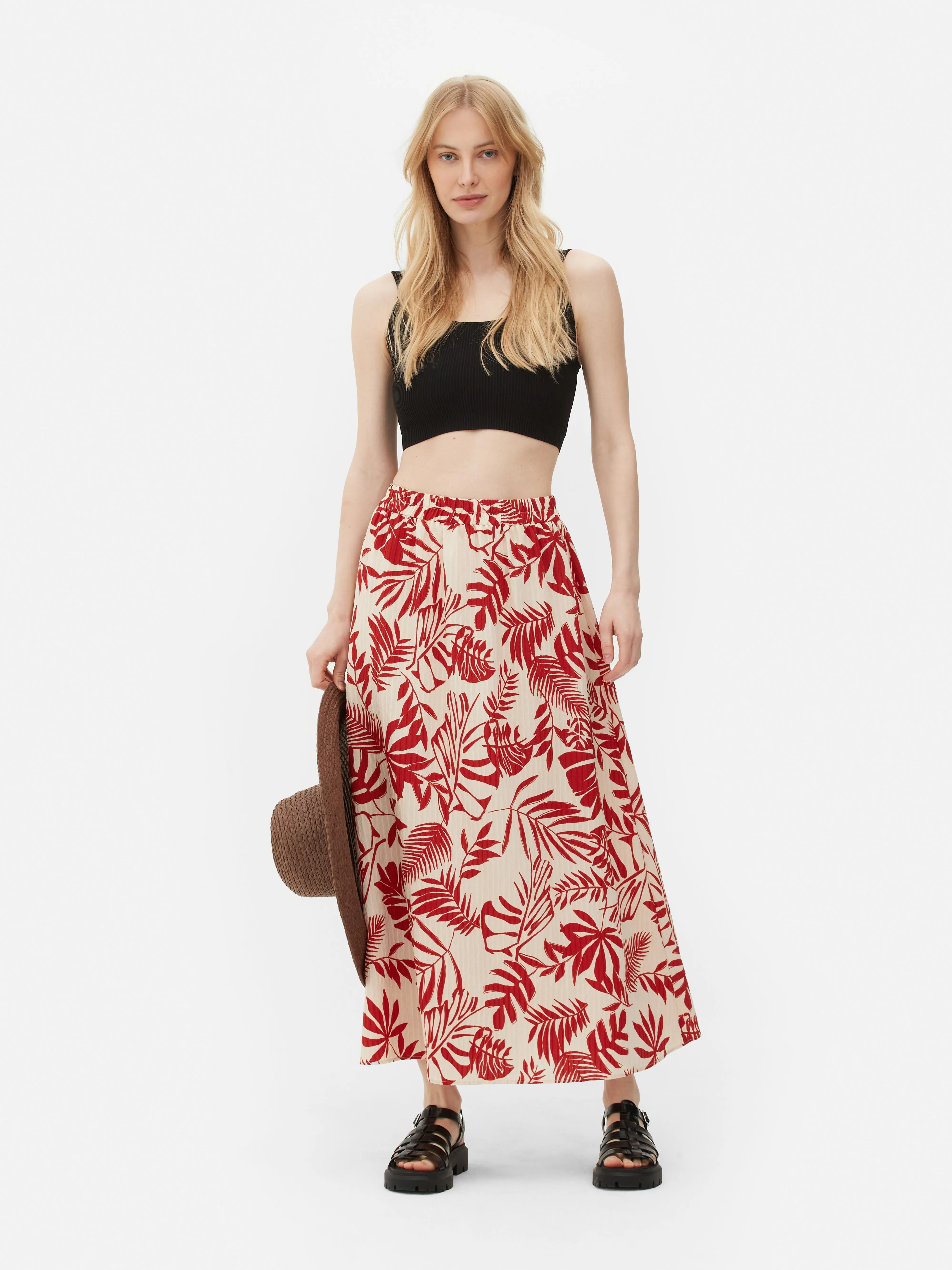 Falda midi con estampado de hojas