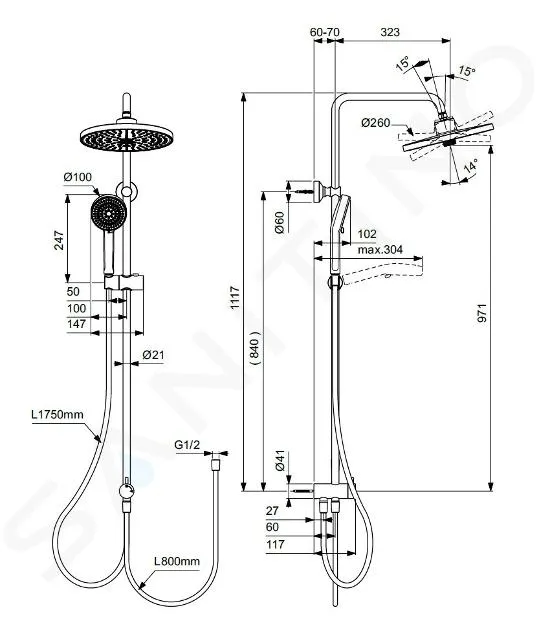 IDEAL STANDARD CERATHERM  CONJUNTO DE DUCHA SIN GRIFO, DIáMETRO 26 CM, 2 CHORROS, NEGRO SEDA BD747XG