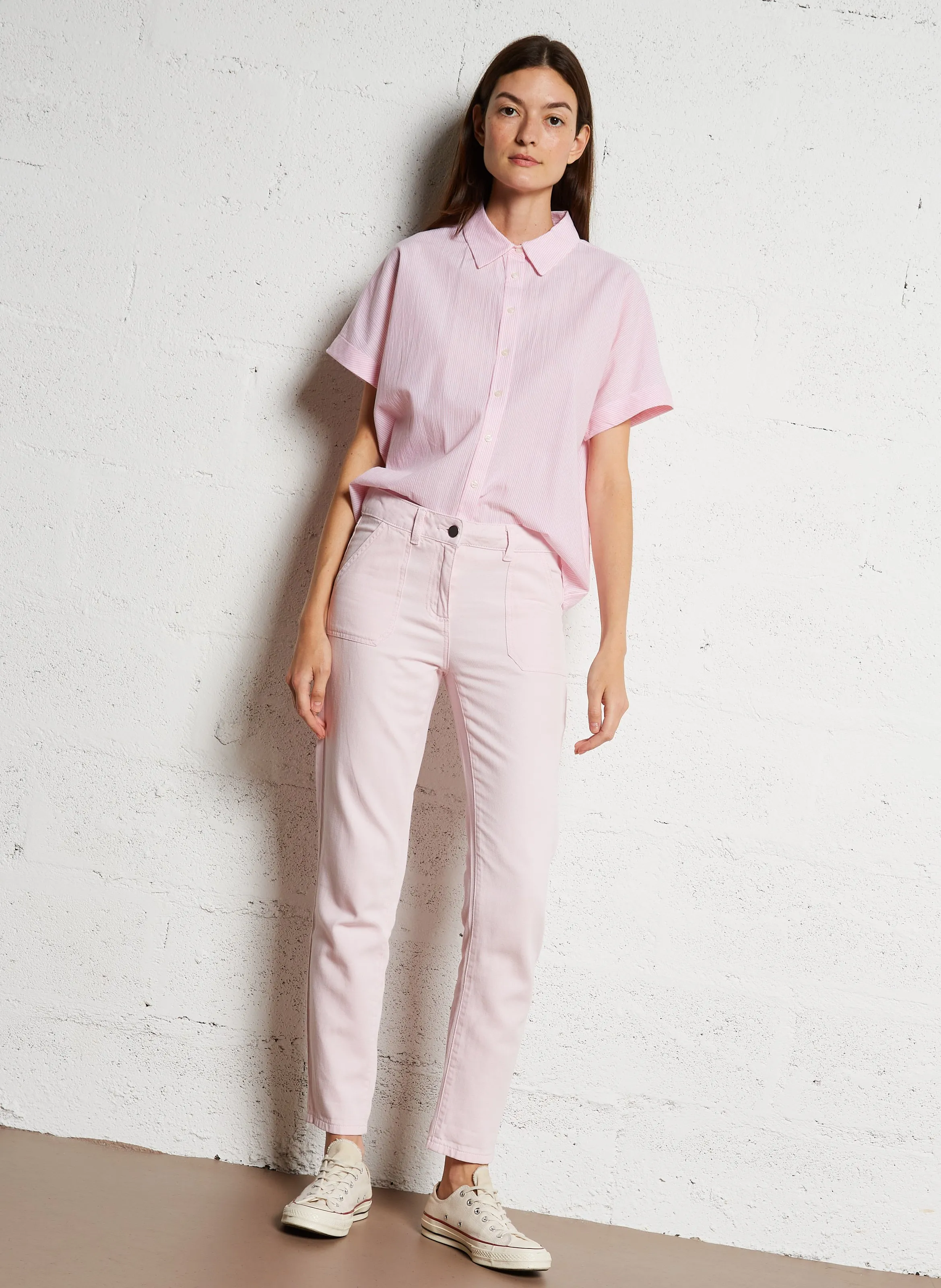 NALLA  PANTALóN SLIM DE ALGODóN ELáSTICO Y TALLE ALTO EN VIOLETA
