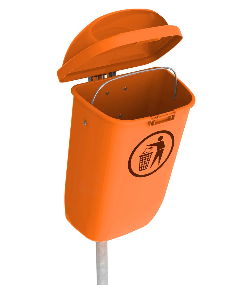 Papelera de exteriores en polietileno (PE), montaje en la pared, volumen de 50 litros, naranja
