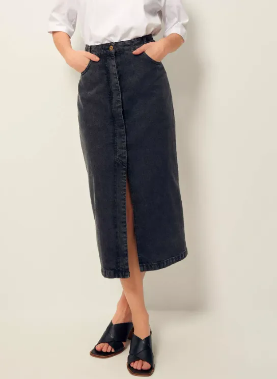 SESSUN AMADEO  FALDA MIDI DE TALLE ALTO VAQUERA EN GRIS
