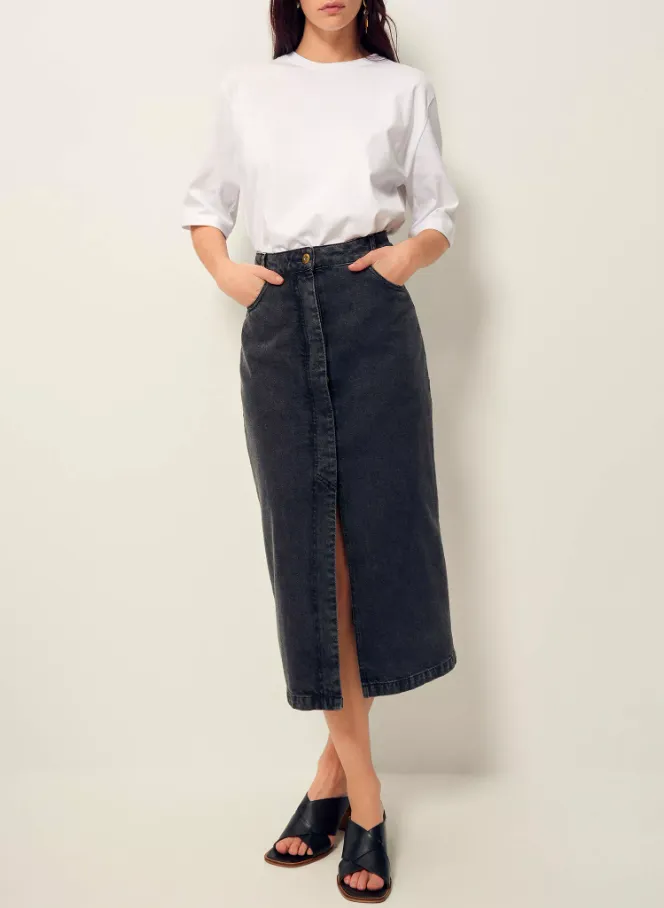 SESSUN AMADEO  FALDA MIDI DE TALLE ALTO VAQUERA EN GRIS