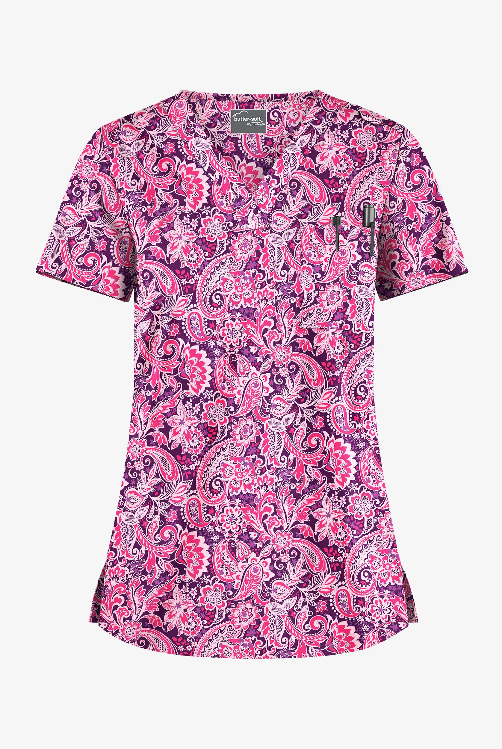 UA BUTTERSOFT STRETCH ROMANTIC PAISLEY EGGPLANT WOMEN'S 1POCKET VNECK TUCKIN PRINT SCRUB TOP