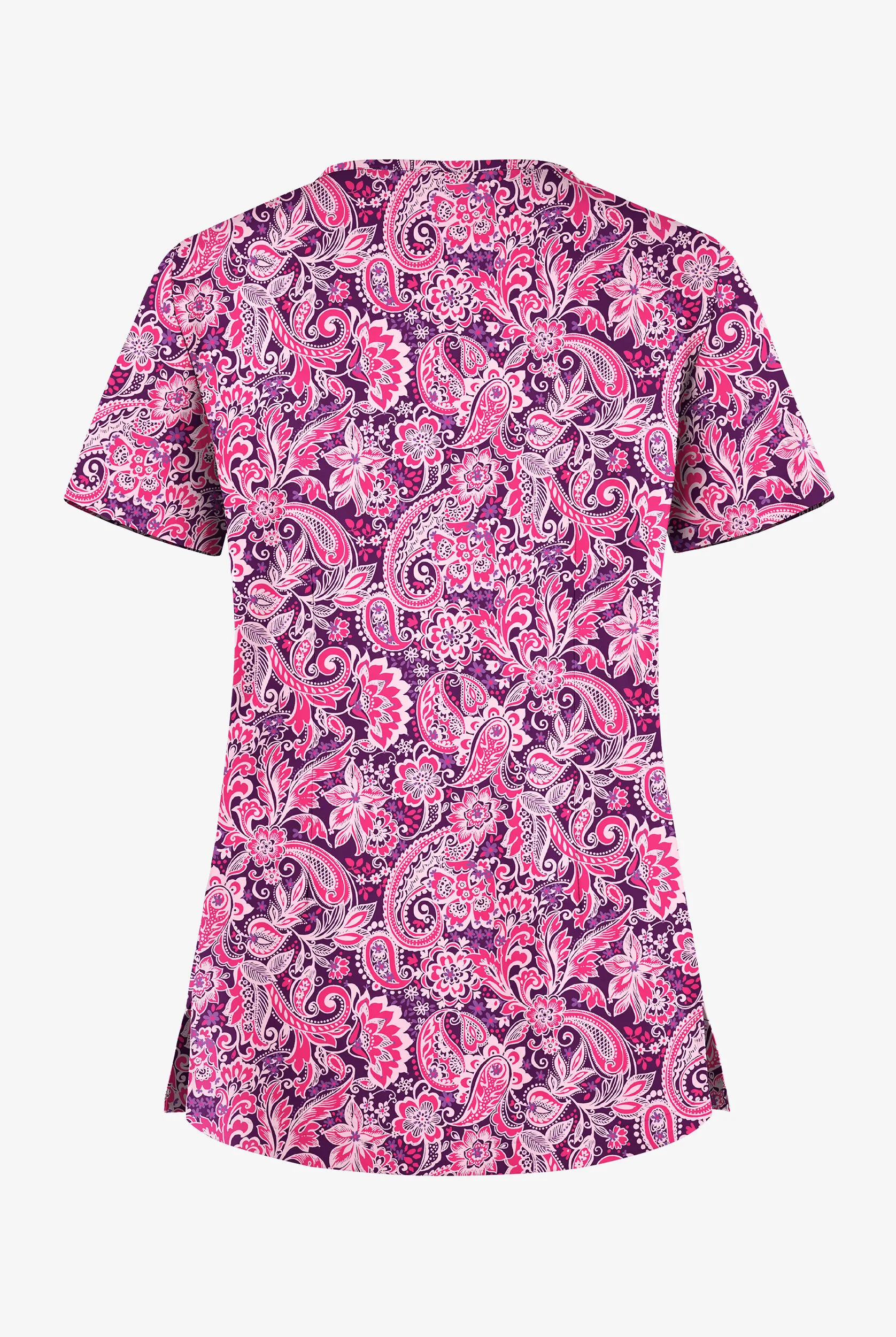 UA BUTTERSOFT STRETCH ROMANTIC PAISLEY EGGPLANT WOMEN'S 1POCKET VNECK TUCKIN PRINT SCRUB TOP