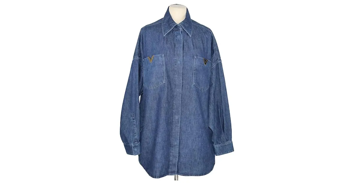 Valentino Camisa de cambray con logo en V azul 
