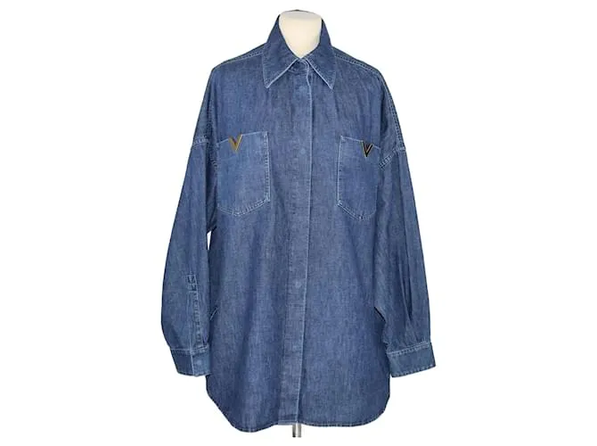 Valentino Camisa de cambray con logo en V azul 