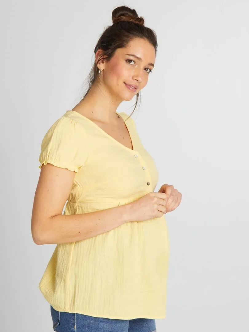 VESTIDO CAMISERO PREMAMá DE GASA DE ALGODóN  AMARILLO