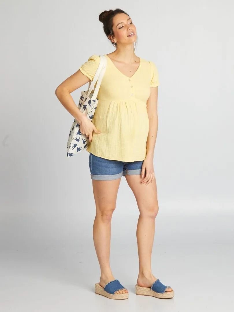 VESTIDO CAMISERO PREMAMá DE GASA DE ALGODóN  AMARILLO