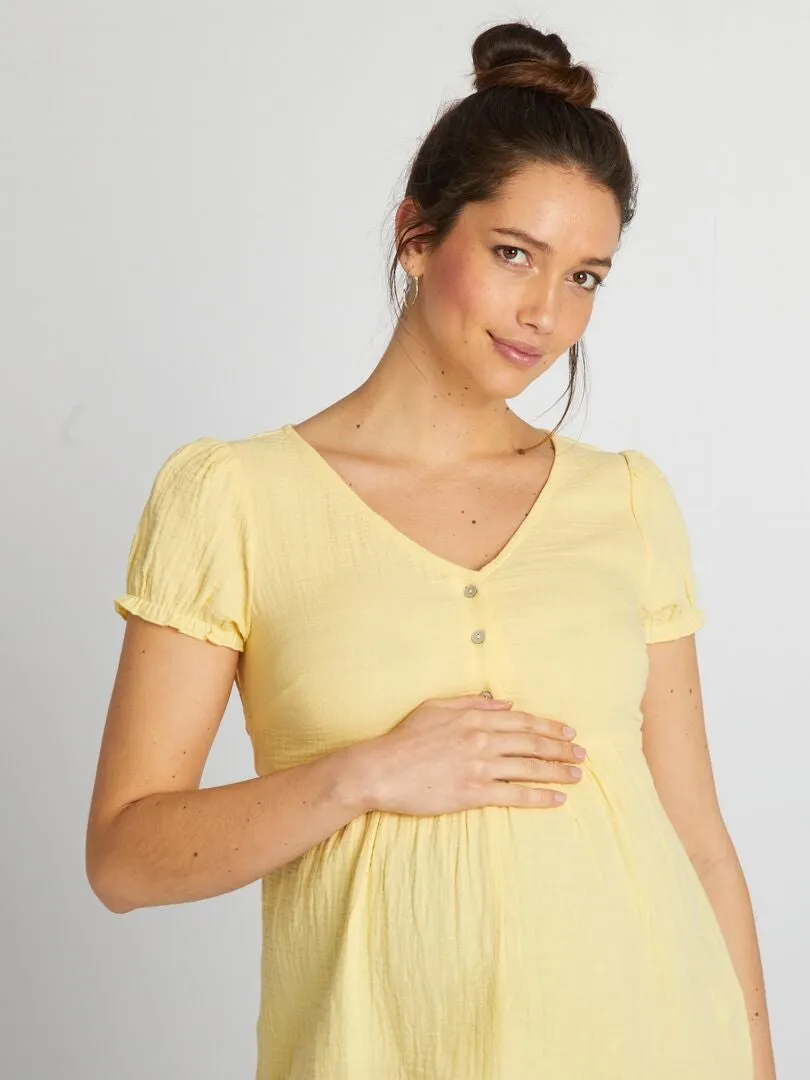 VESTIDO CAMISERO PREMAMá DE GASA DE ALGODóN  AMARILLO