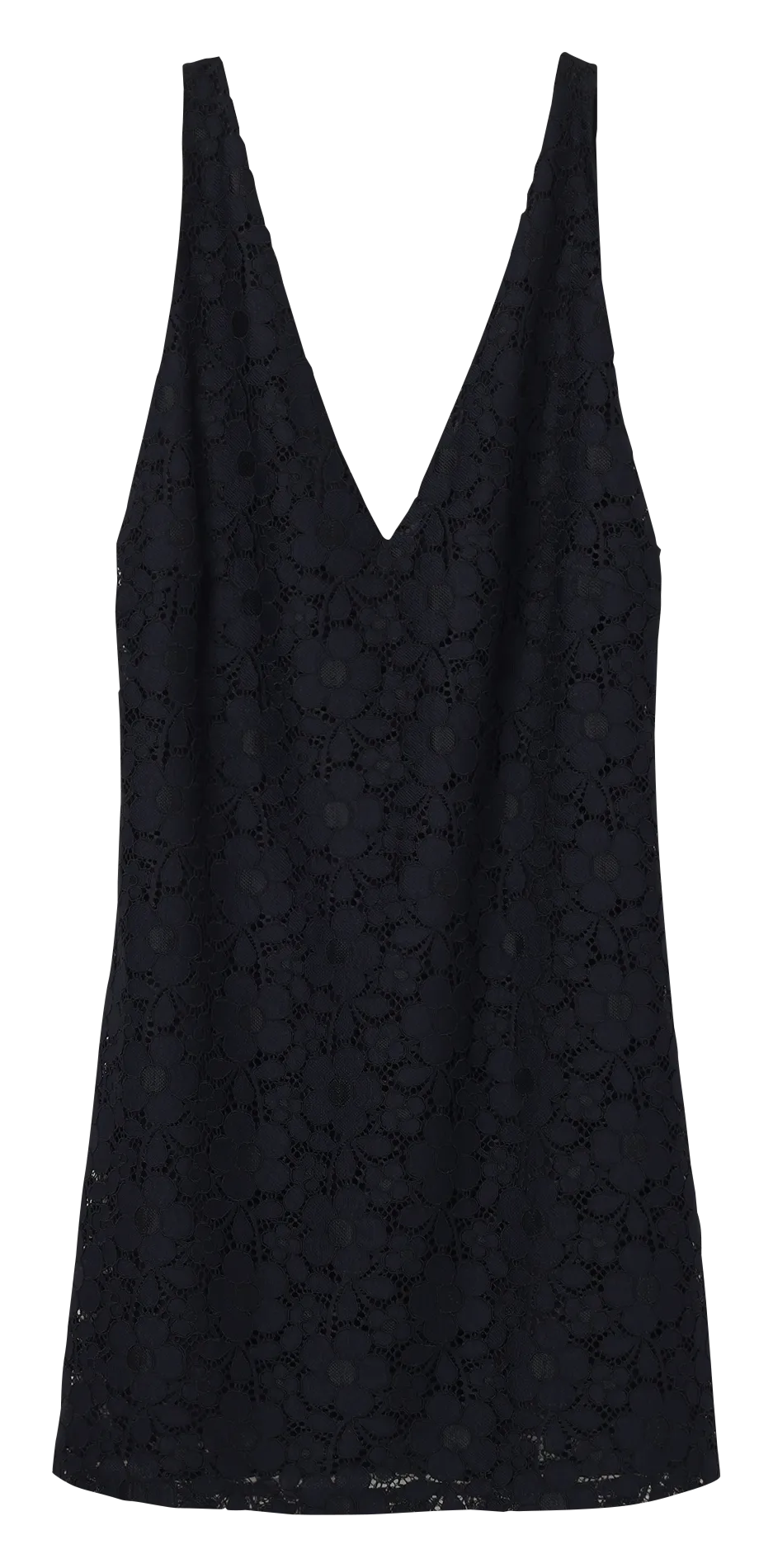 Vestido corto con escote de pico y encaje en negro