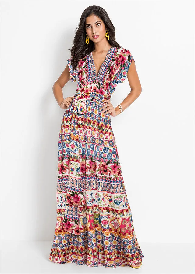Vestido largo con cordón Rosa/azul claro estampado