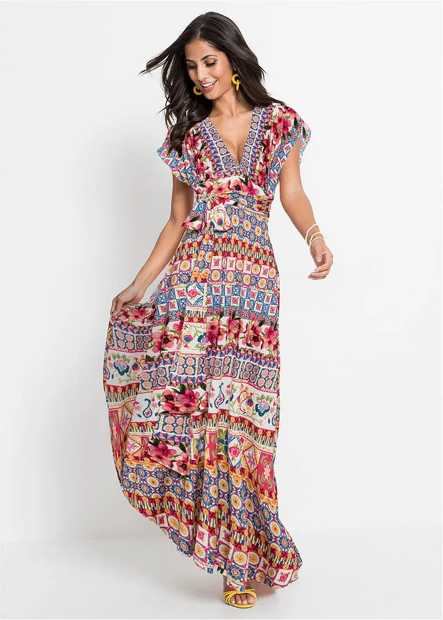 Vestido largo con cordón Rosa/azul claro estampado