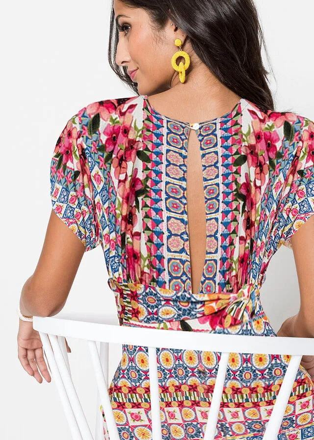 Vestido largo con cordón Rosa/azul claro estampado