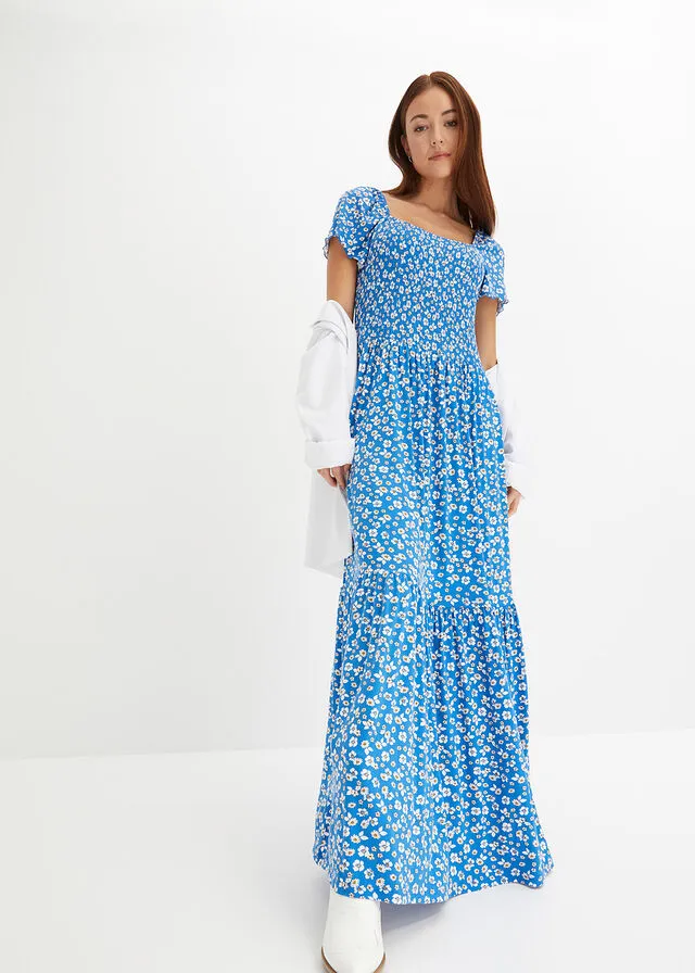 VESTIDO LARGO ESTAMPADO DE VISCOSA SOSTENIBLE AZULBLANCO LANA DE FLORES