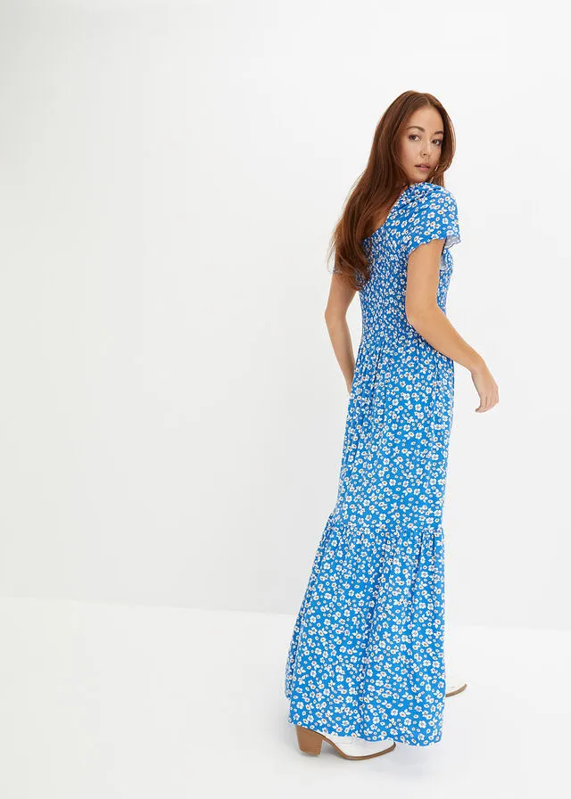 VESTIDO LARGO ESTAMPADO DE VISCOSA SOSTENIBLE AZULBLANCO LANA DE FLORES