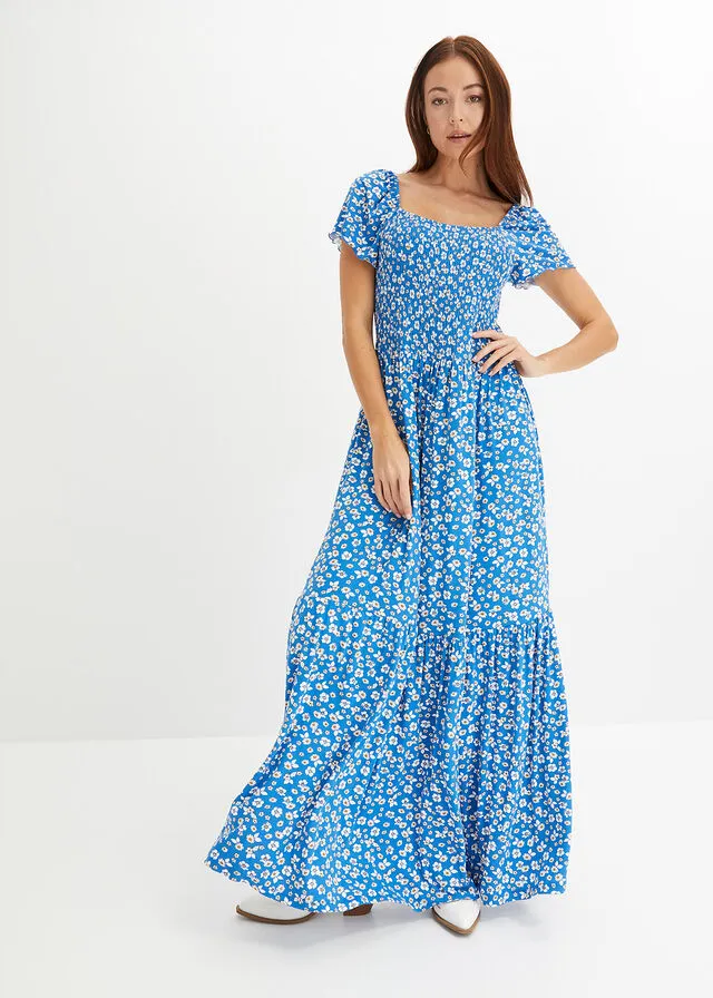 VESTIDO LARGO ESTAMPADO DE VISCOSA SOSTENIBLE AZULBLANCO LANA DE FLORES