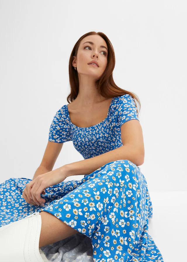 VESTIDO LARGO ESTAMPADO DE VISCOSA SOSTENIBLE AZULBLANCO LANA DE FLORES