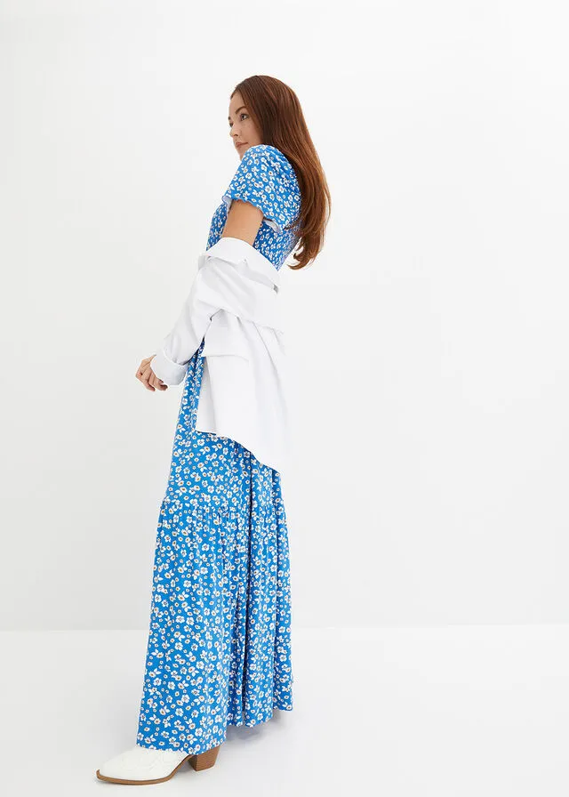 VESTIDO LARGO ESTAMPADO DE VISCOSA SOSTENIBLE AZULBLANCO LANA DE FLORES