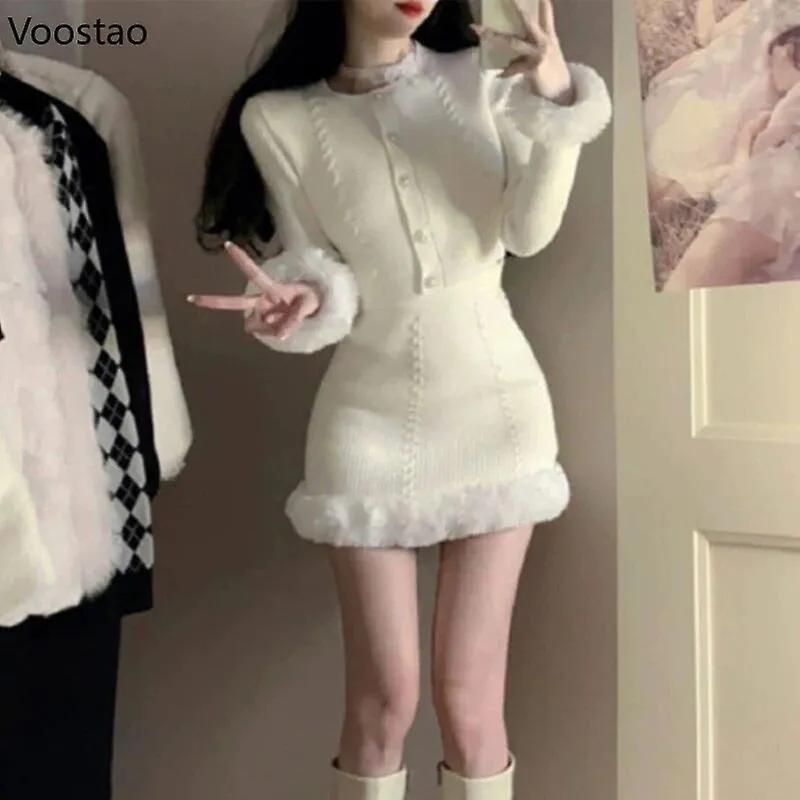 White Elegant Knitted Mini Skirt Set Women Sweet Plush Sweater Slim Skirt Suit Female Korean Fashion 2 Piece Sets Spring Autumn 