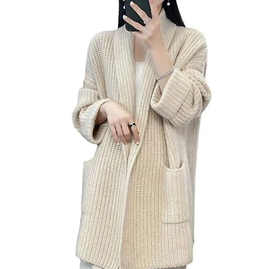 Women Fall Winter Cardigan Sweater Open Stitch Knitted Pockets Lapel Loose Thick Warm Soft Elastic Long Sleeve Plus Size Mid Len