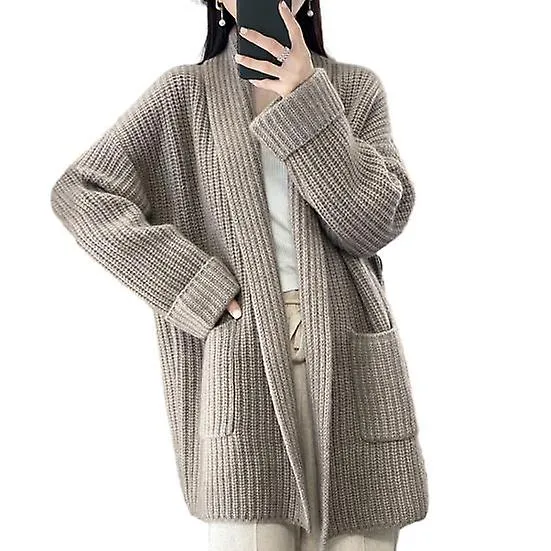 Women Fall Winter Cardigan Sweater Open Stitch Knitted Pockets Lapel Loose Thick Warm Soft Elastic Long Sleeve Plus Size Mid Len