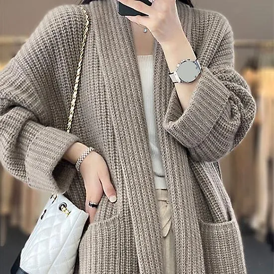 Women Fall Winter Cardigan Sweater Open Stitch Knitted Pockets Lapel Loose Thick Warm Soft Elastic Long Sleeve Plus Size Mid Len