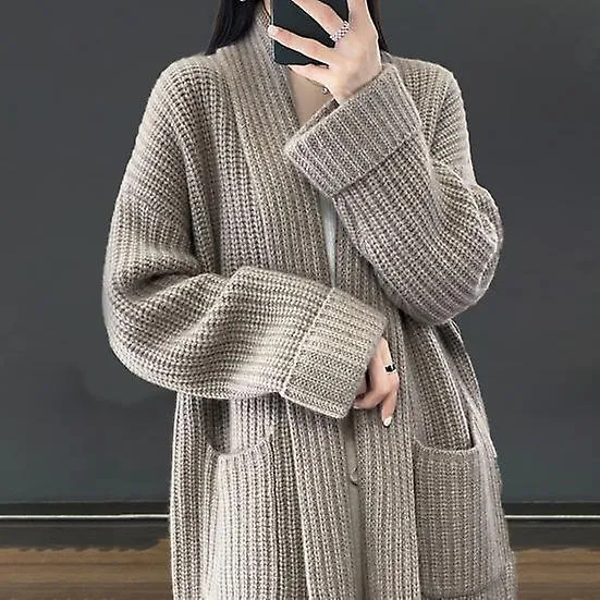 Women Fall Winter Cardigan Sweater Open Stitch Knitted Pockets Lapel Loose Thick Warm Soft Elastic Long Sleeve Plus Size Mid Len