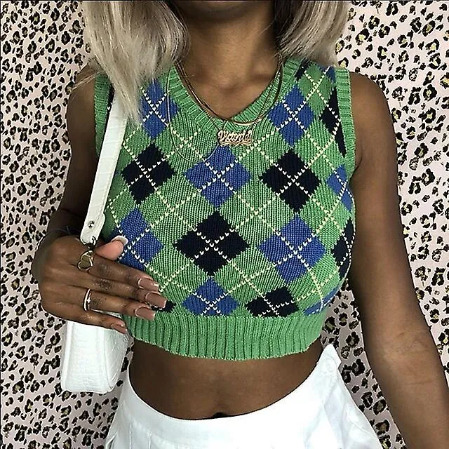 Women's Sweater Vest Jumper Knit Cropped Check Pattern Knitted Plaid V Neck Stylish Casual Daily Going Out Spring Summer Gre