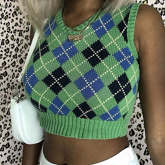 Women's Sweater Vest Jumper Knit Cropped Check Pattern Knitted Plaid V Neck Stylish Casual Daily Going Out Spring Summer Gre