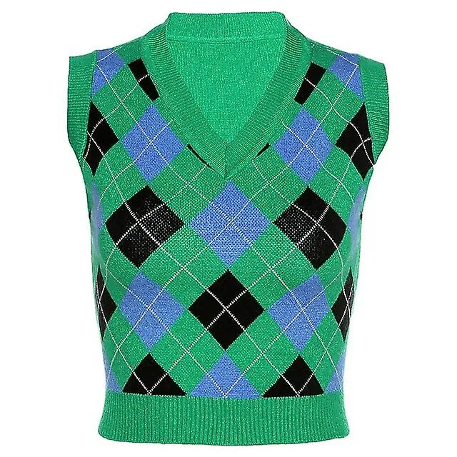 Women's Sweater Vest Jumper Knit Cropped Check Pattern Knitted Plaid V Neck Stylish Casual Daily Going Out Spring Summer Gre