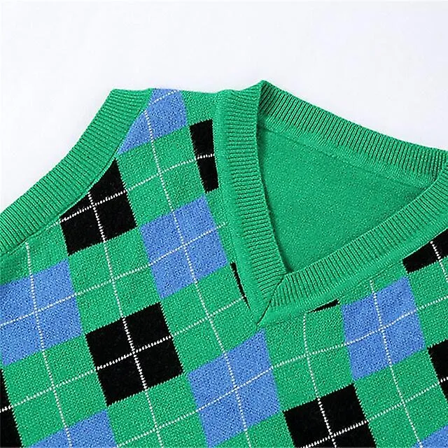 Women's Sweater Vest Jumper Knit Cropped Check Pattern Knitted Plaid V Neck Stylish Casual Daily Going Out Spring Summer Gre
