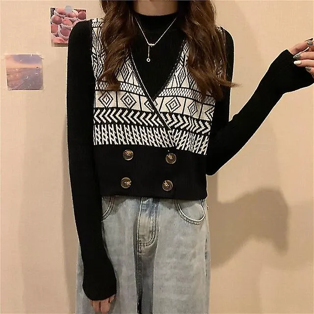 WOMEN'S SWEATER VEST JUMPER KNIT KNITTED GEOMETRIC V NECK STYLISH CASUAL DAILY HOLIDAY SPRING SUMMER BLACK BLUE ONESIZE / S