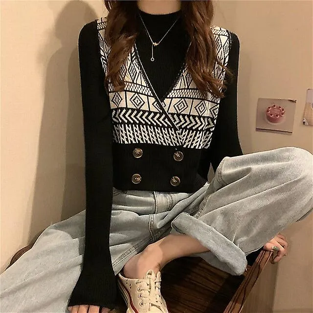 WOMEN'S SWEATER VEST JUMPER KNIT KNITTED GEOMETRIC V NECK STYLISH CASUAL DAILY HOLIDAY SPRING SUMMER BLACK BLUE ONESIZE / S