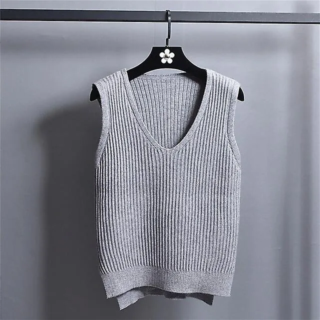 WOMEN'S SWEATER VEST JUMPER KNIT SPLIT SOLID COLOR V NECK ACTIVE CASUAL CAUSAL DAILY FALL WINTER OFF WHITE BLACK ONESIZE / 