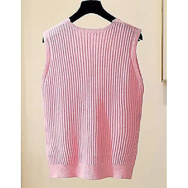 WOMEN'S SWEATER VEST JUMPER KNIT SPLIT SOLID COLOR V NECK ACTIVE CASUAL CAUSAL DAILY FALL WINTER OFF WHITE BLACK ONESIZE / 