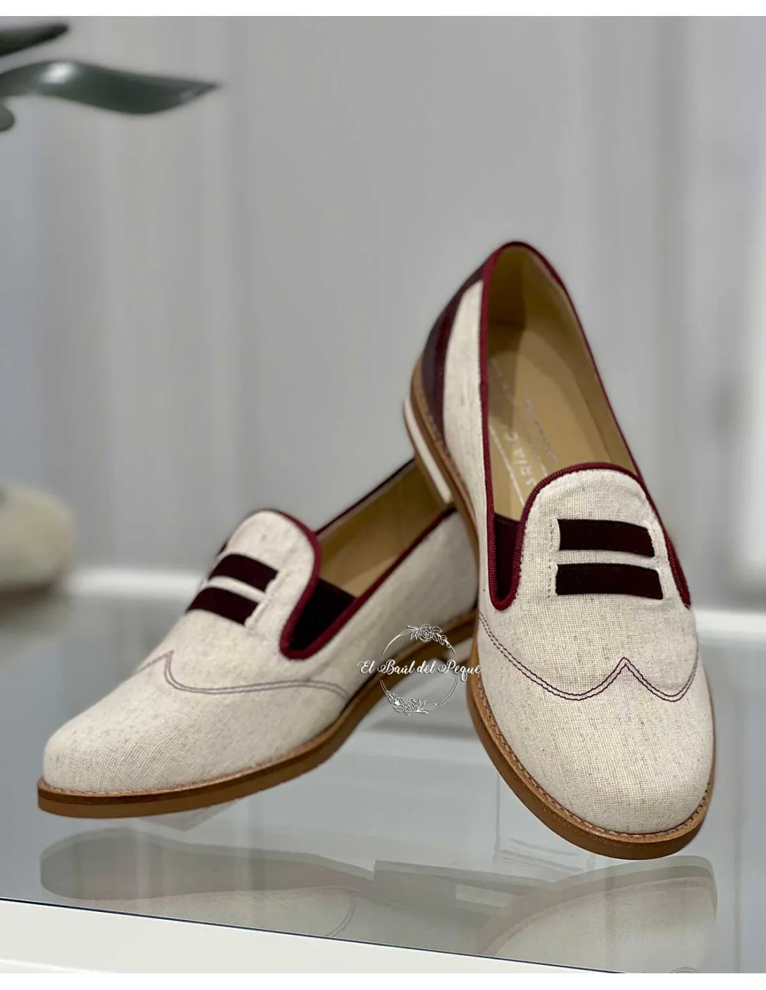 Zapato Comunión María Catalán Piel Lino Crudo y Burdeos