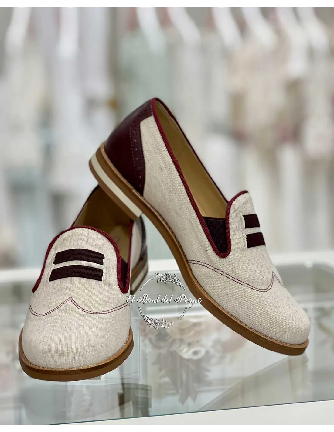 Zapato Comunión María Catalán Piel Lino Crudo y Burdeos